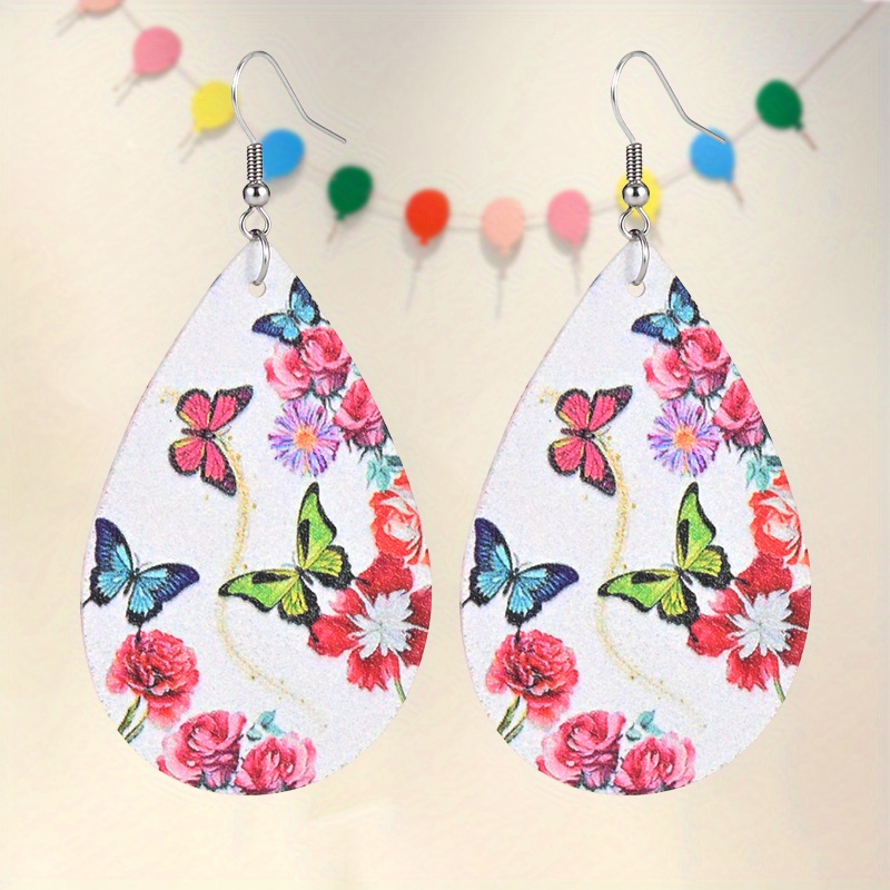 Colorful Butterfly Flower Teardrop Earrings, Minimalist Design